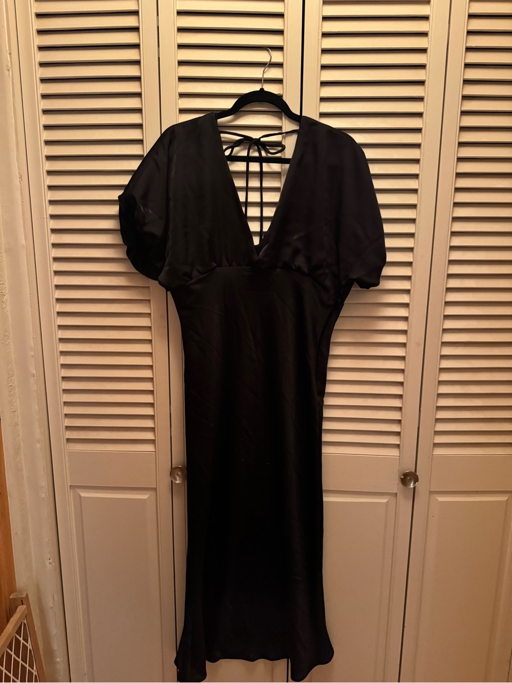 Black Satin V-Neck Midi Dress with Tie Back